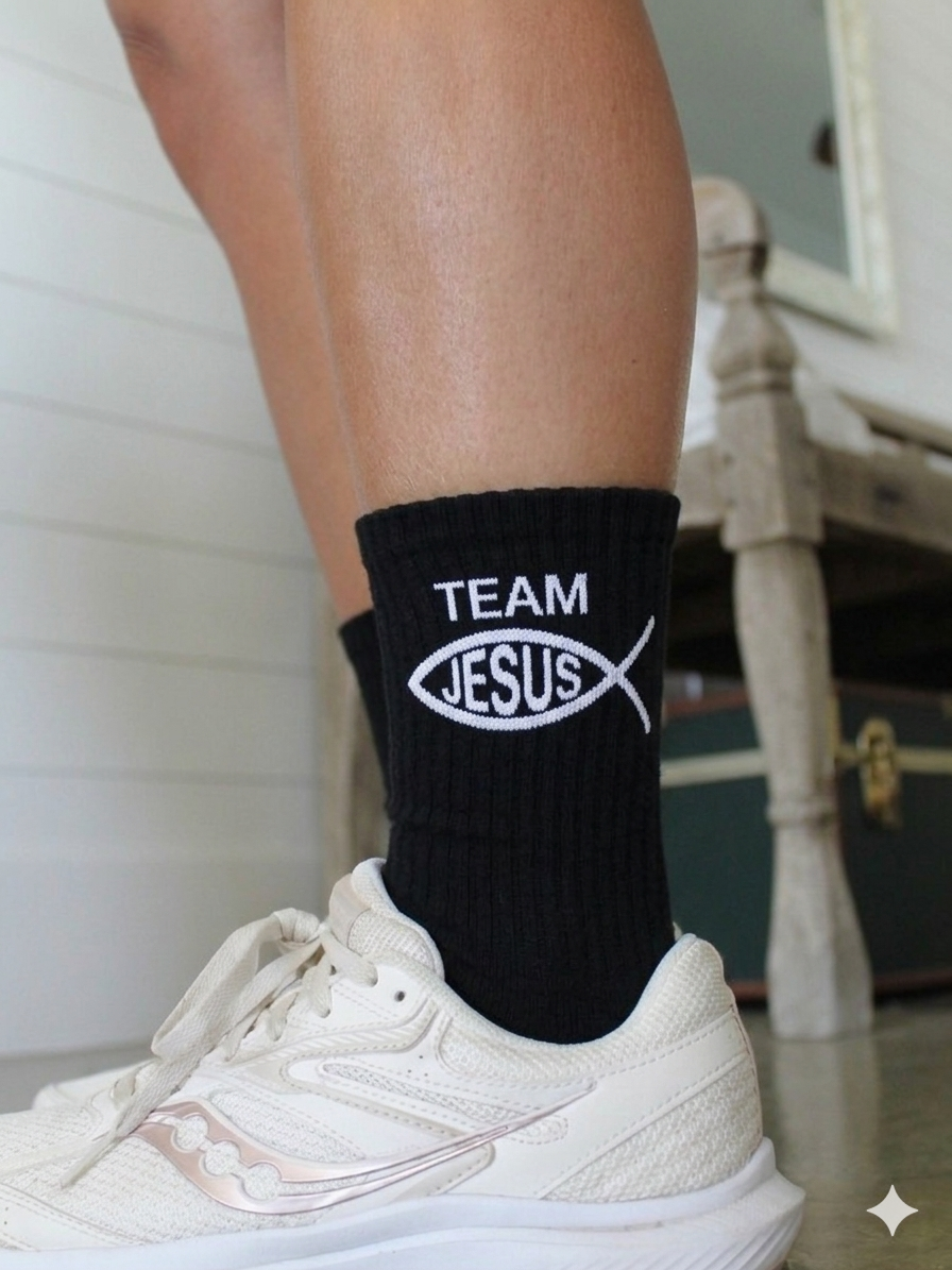 Medias de Algodón "Team Jesus" con Símbolo Ichthus - Blanco y Negro